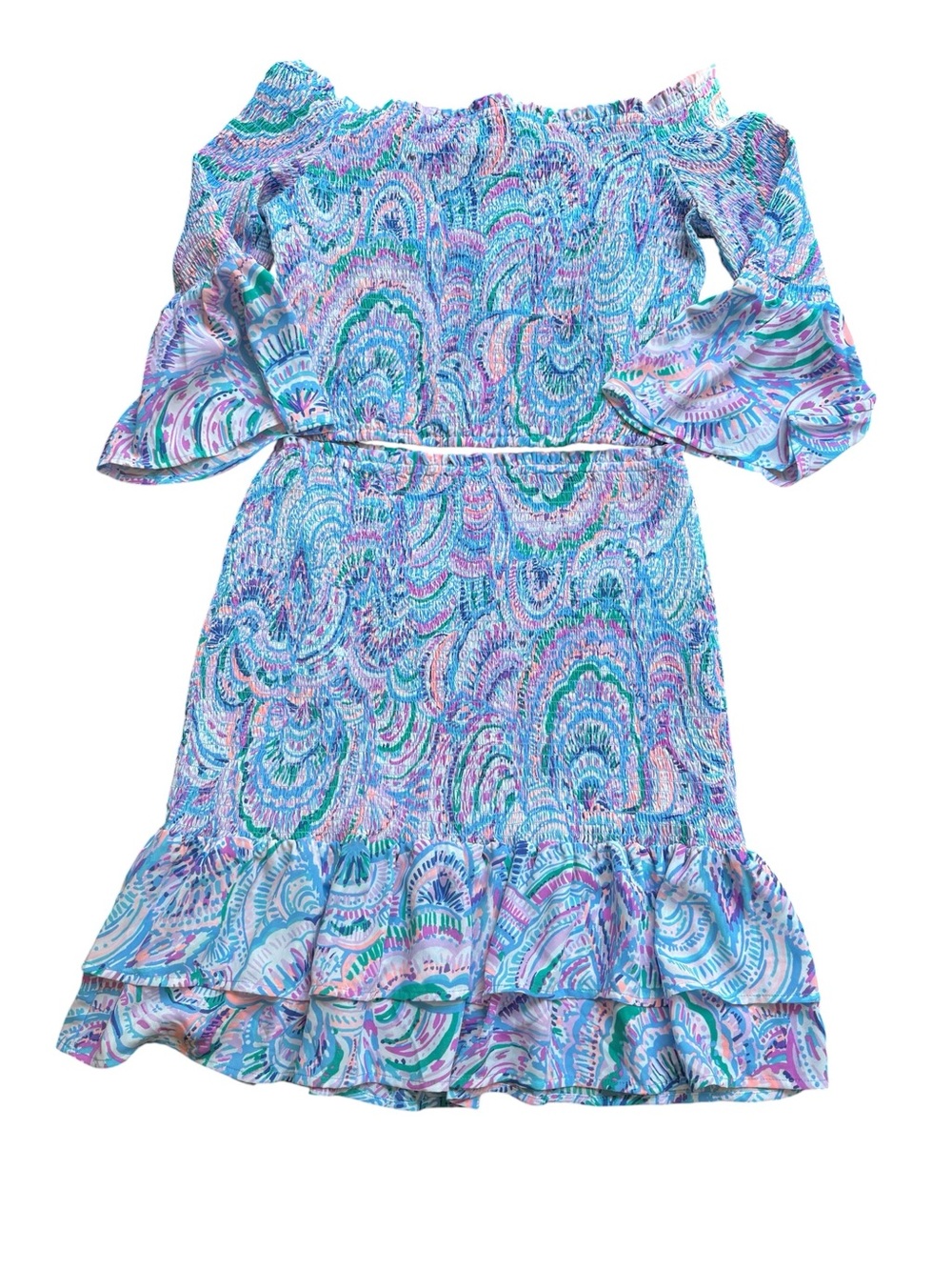 Lilly Pulitzer Off-Shoulder Mini Dress in Aqua, Teal, Purple, Pink